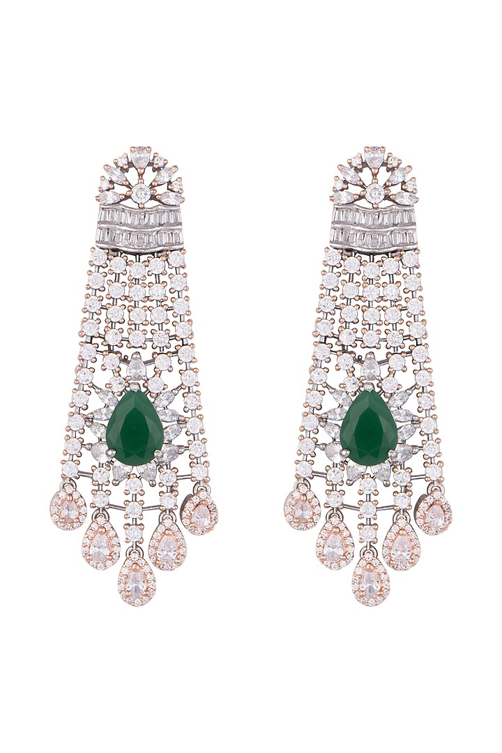 Silver plated faux diamond and emerald dangler earrings by Aster at Pernia's Pop Up Shop