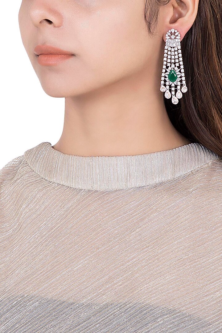 Silver plated faux diamond and emerald dangler earrings by Aster at Pernia's Pop Up Shop