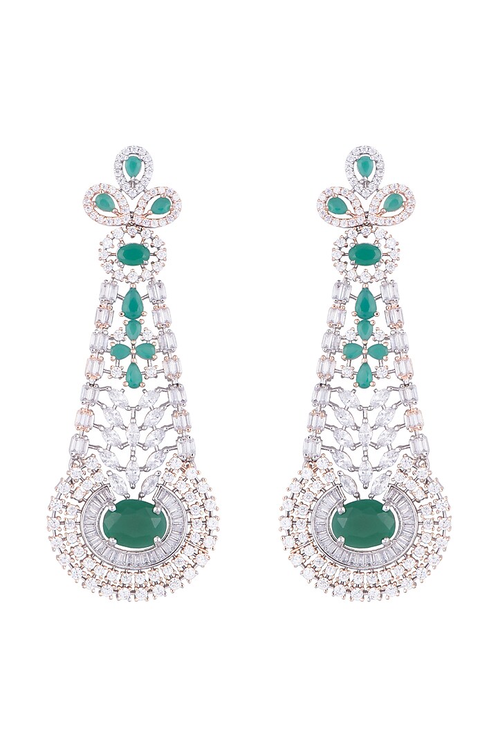 Silver plated faux diamond and emerald long earrings by Aster at Pernia's Pop Up Shop