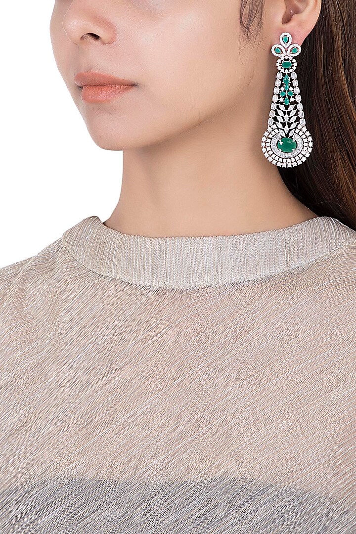 Silver plated faux diamond and emerald long earrings by Aster
