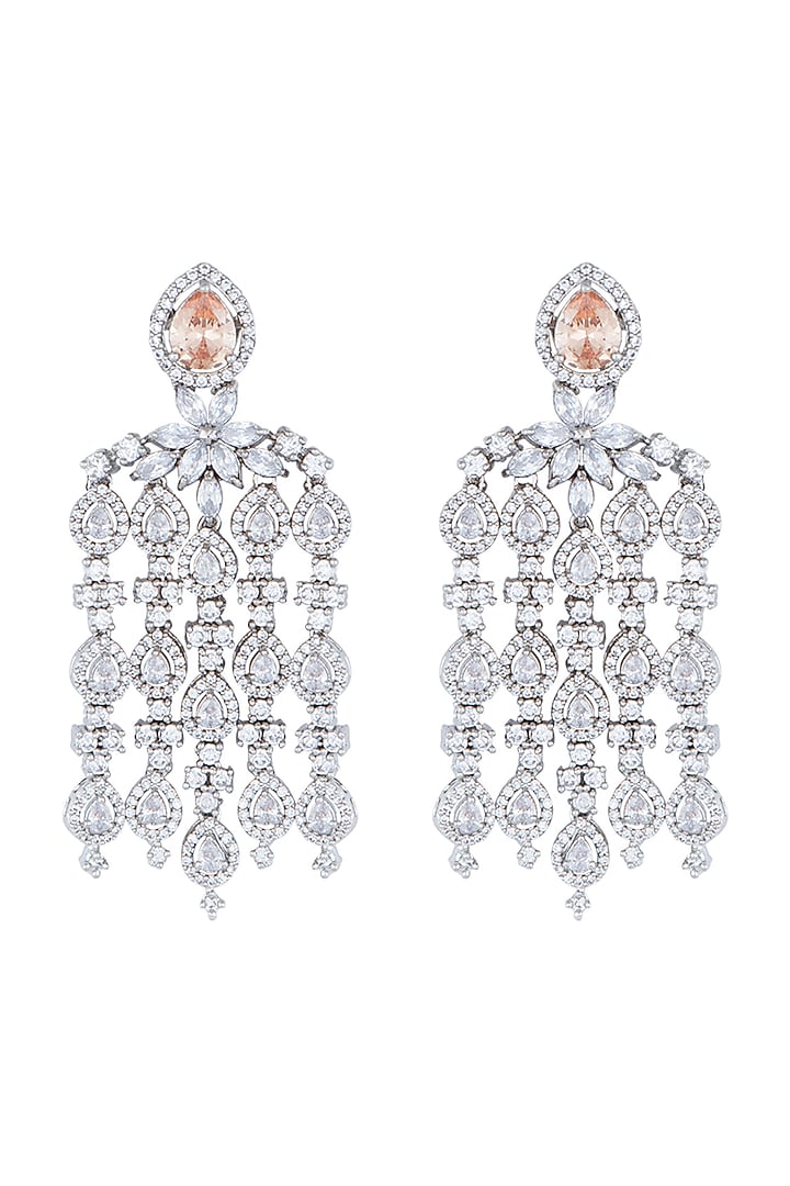 White Rhodium Plated Faux Diamond Chandelier Earrings by Aster at Pernia's Pop Up Shop