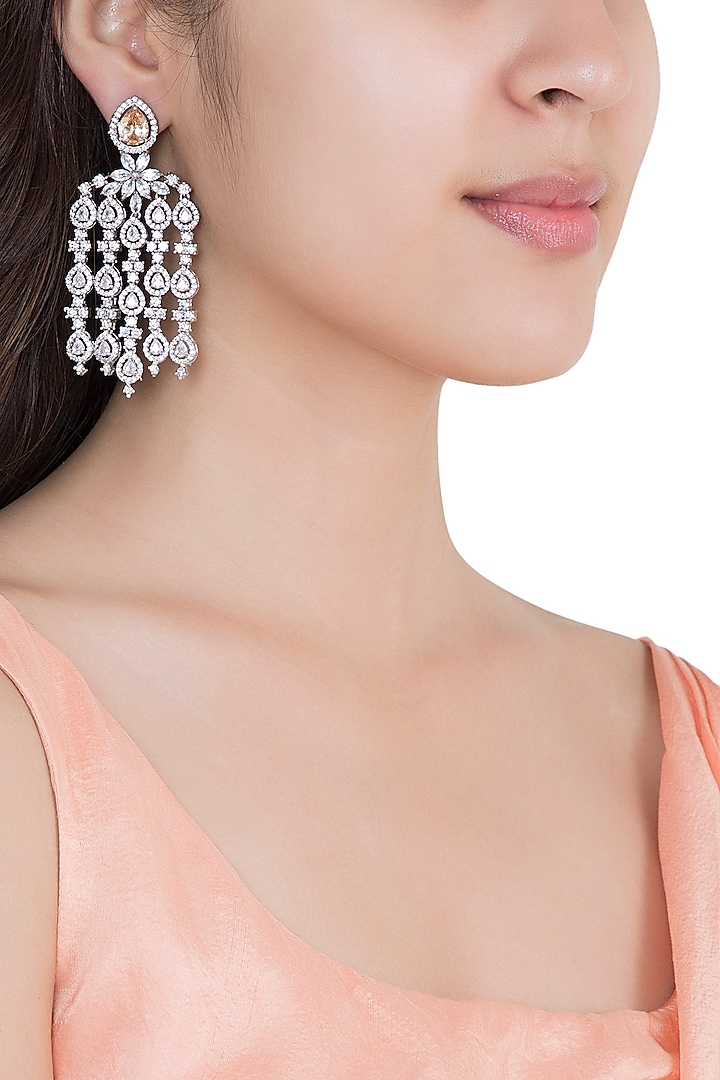 White Rhodium Plated Faux Diamond Chandelier Earrings by Aster