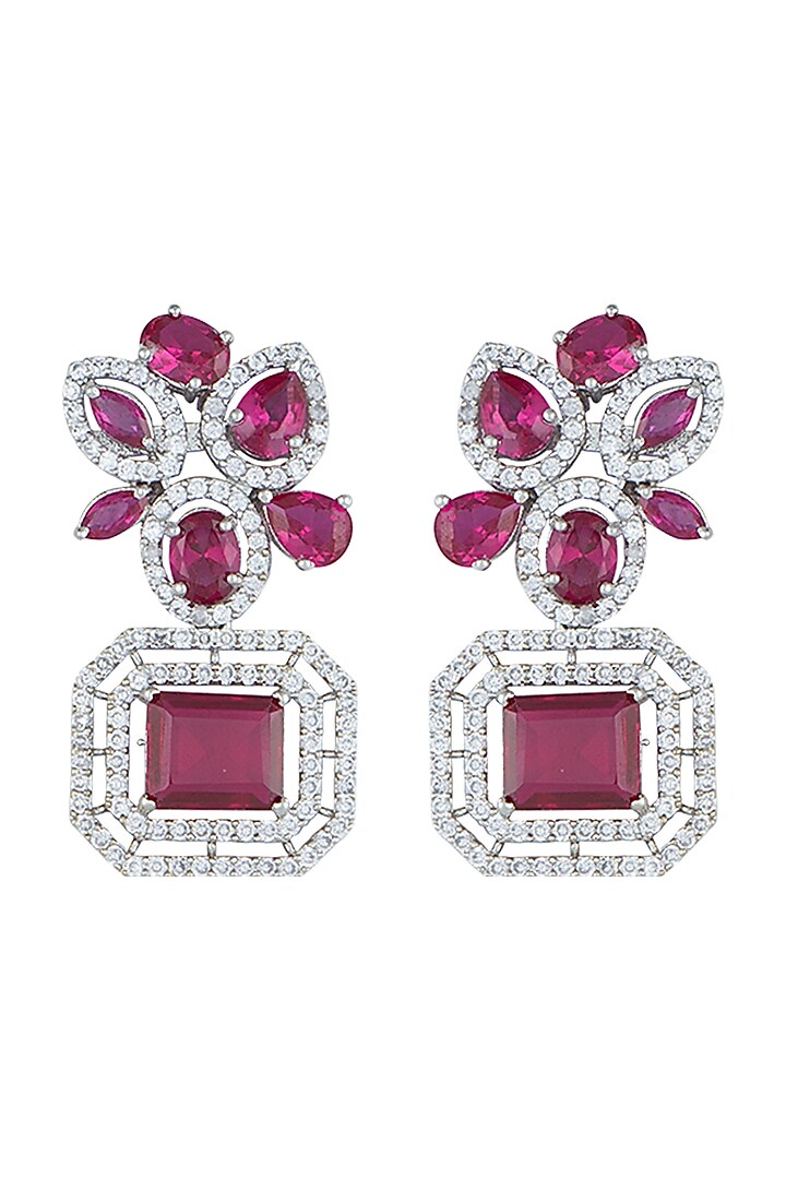 White Rhodium Plated Faux Diamond & Ruby Earrings by Aster at Pernia's Pop Up Shop