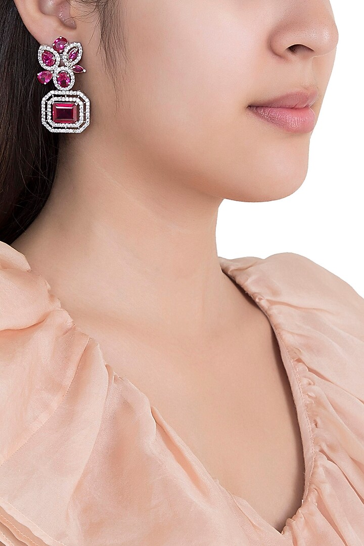 White Rhodium Plated Faux Diamond & Ruby Earrings by Aster at Pernia's Pop Up Shop