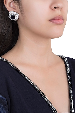 White Rhodium Plated Heirloom Blue Earrings by Aster