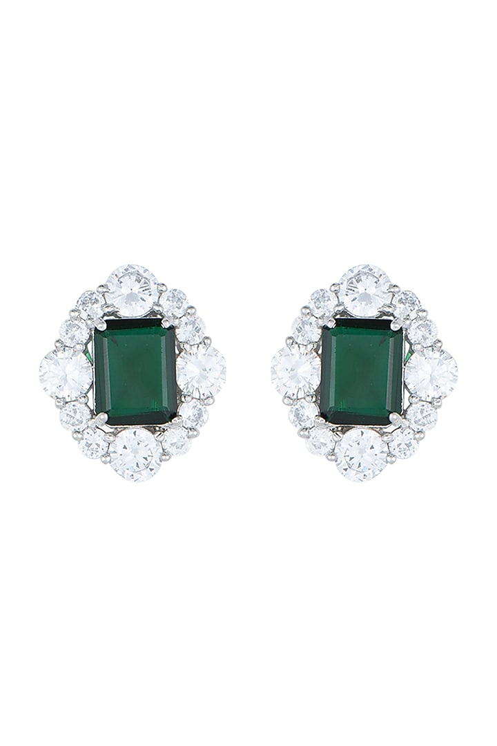 White Rhodium Plated Faux Emerald & Diamond Earrings by Aster at Pernia's Pop Up Shop
