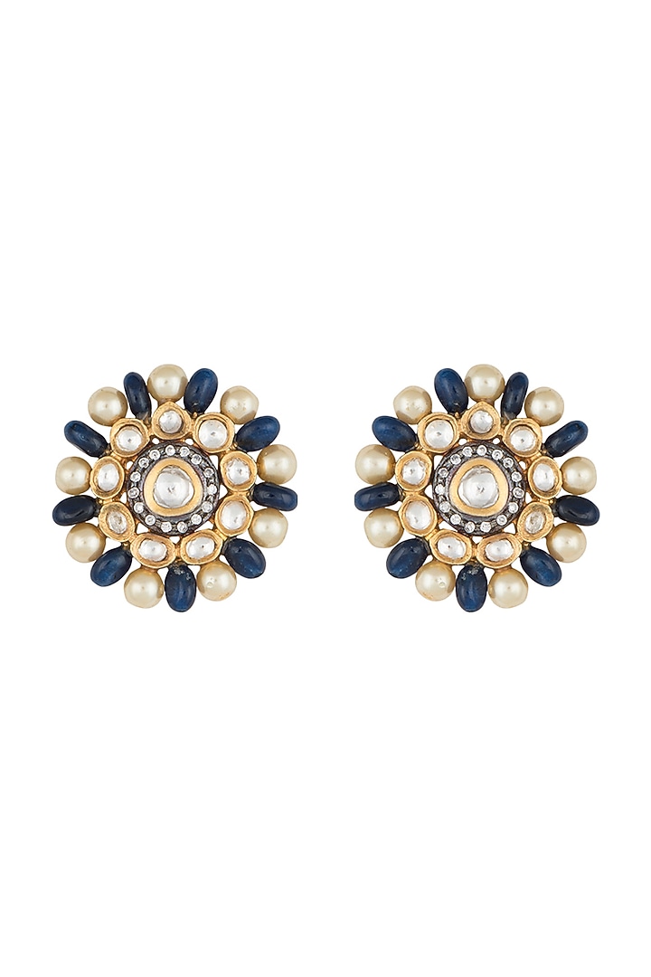 Yellow Rhodium Plated Faux Polki & Pearls Earrings by Aster at Pernia's Pop Up Shop
