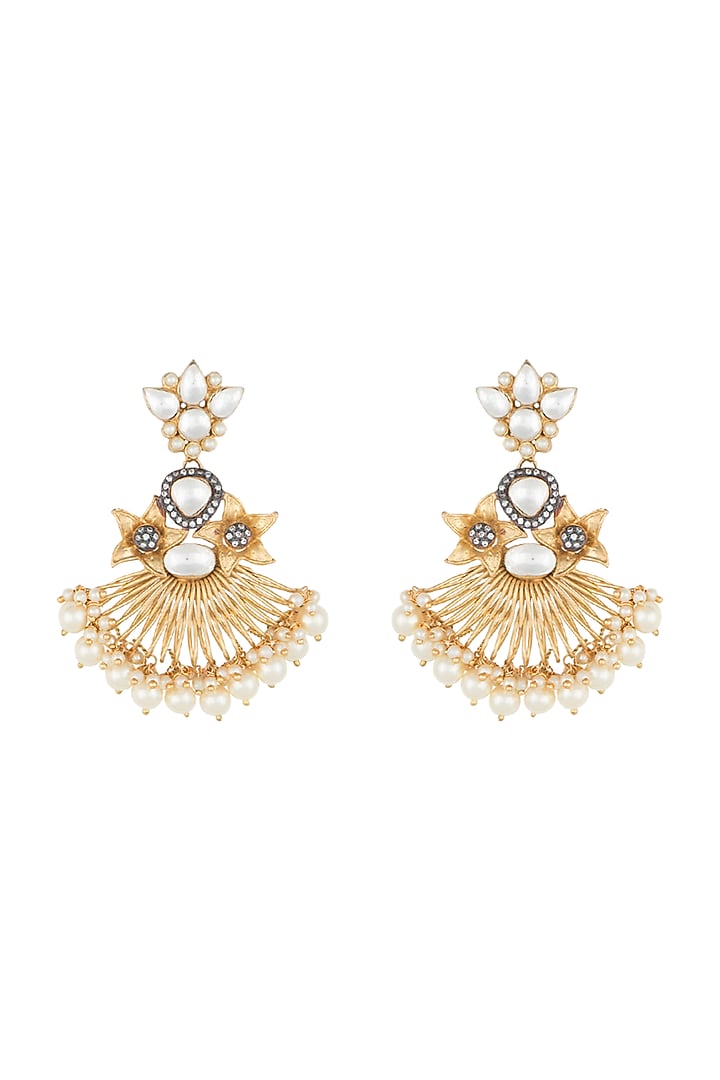 Yellow Rhodium Plated Faux Polki Long Earrings by Aster at Pernia's Pop Up Shop