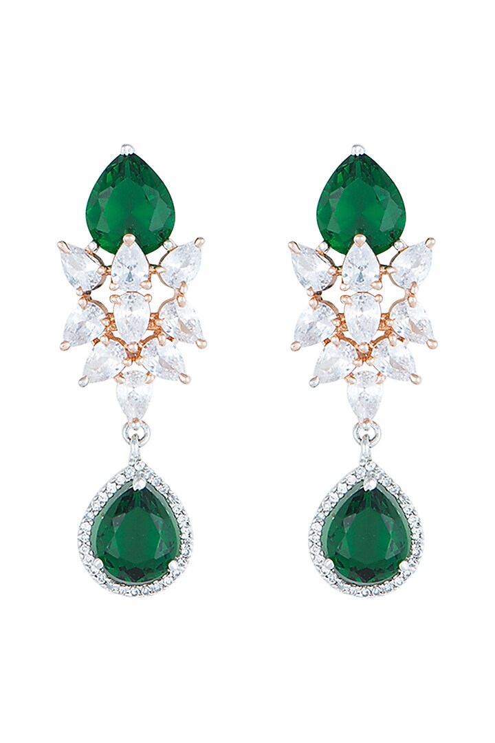 White Rhodium Plated Faux Diamond & Emerald Long Earrings by Aster at Pernia's Pop Up Shop