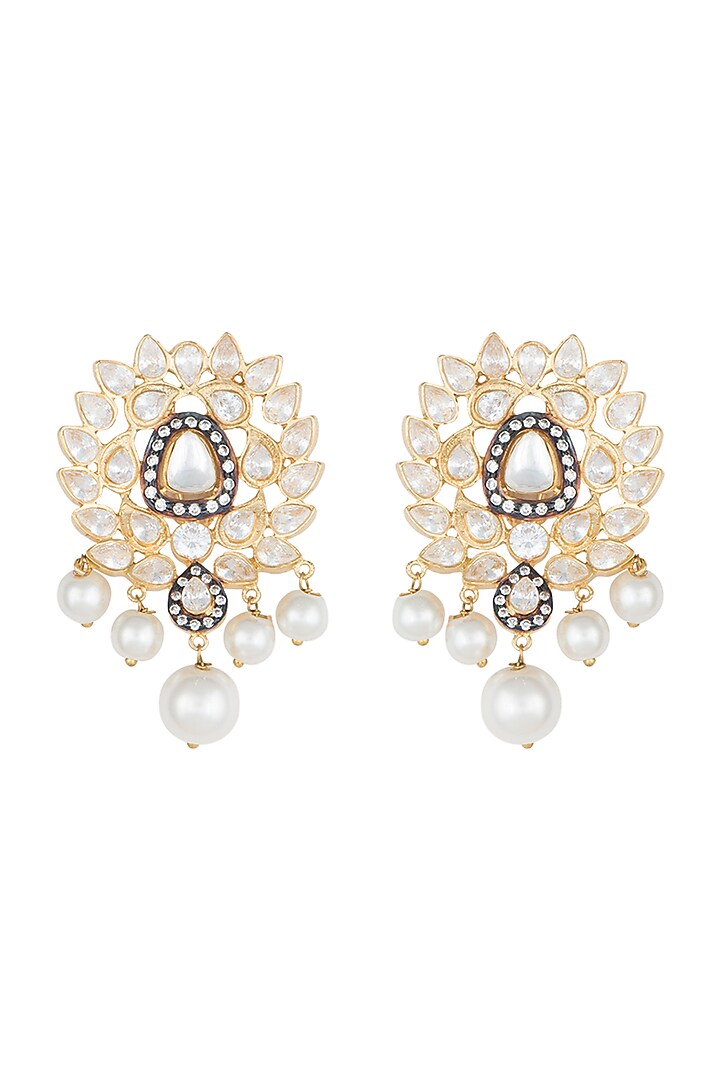 Yellow Rhodium Plated Faux Polki Stone Earrings by Aster at Pernia's Pop Up Shop