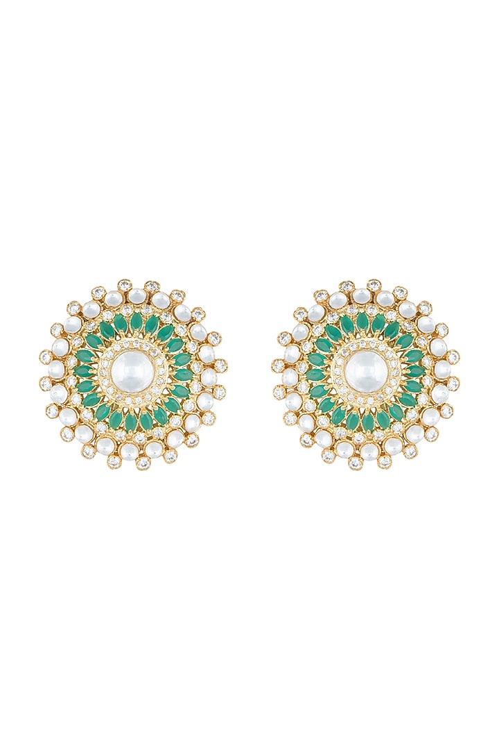 Yellow Rhodium Plated Faux Polki & Emerald Stud Earrings by Aster at Pernia's Pop Up Shop