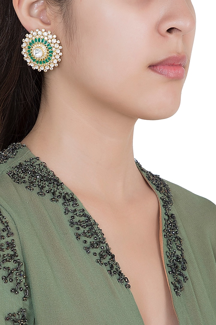 Yellow Rhodium Plated Faux Polki & Emerald Stud Earrings by Aster at Pernia's Pop Up Shop
