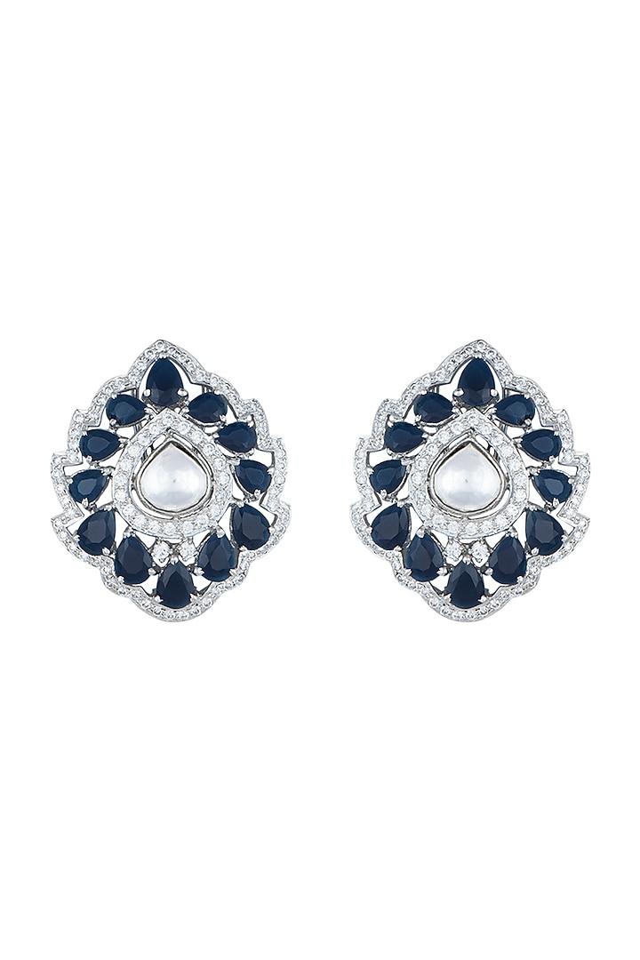 White Rhodium Plated Faux Polki & Sapphire Stud Earrings by Aster at Pernia's Pop Up Shop