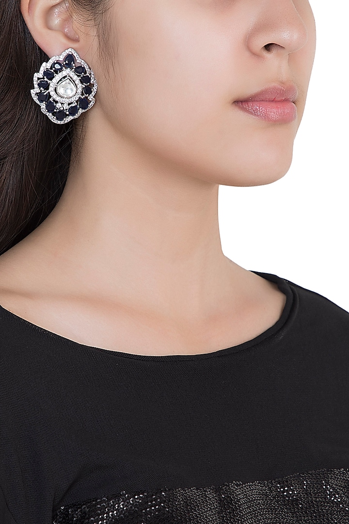 White Rhodium Plated Faux Polki & Sapphire Stud Earrings by Aster