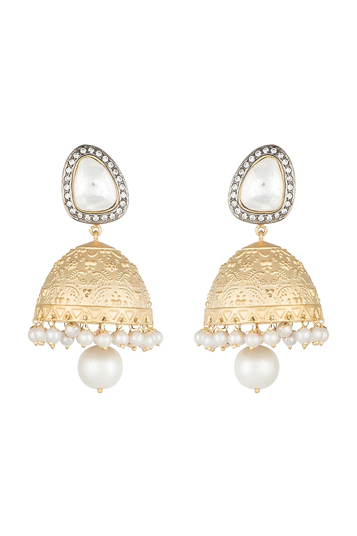 Yellow Rhodium Plated Faux Polki Jhumka Earrings by Aster at Pernia's Pop Up Shop