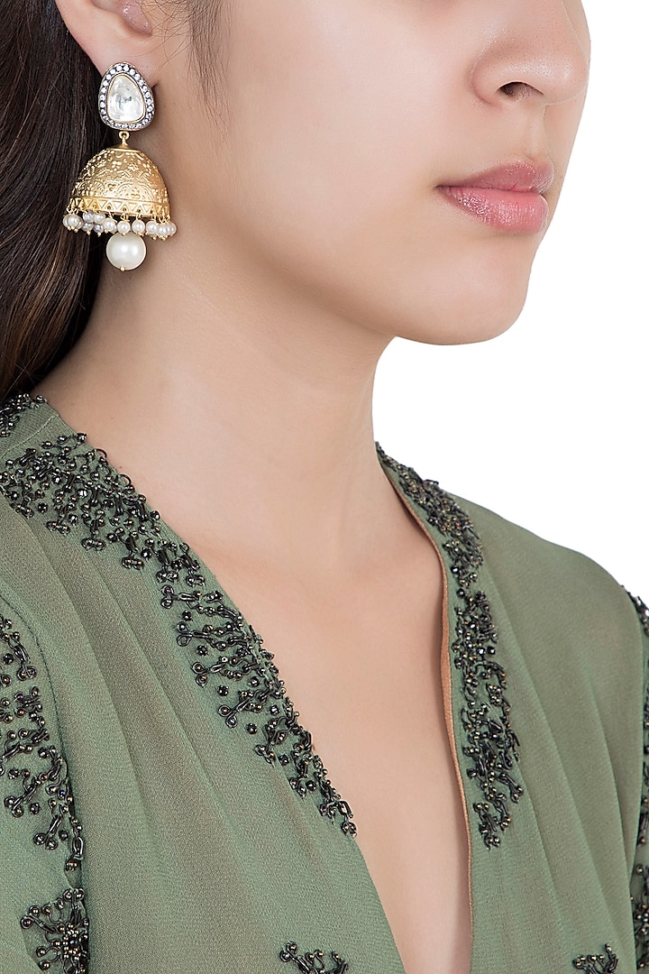 Yellow Rhodium Plated Faux Polki Jhumka Earrings by Aster