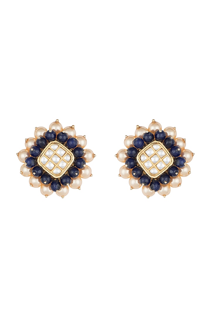 Yellow Rhodium Plated Faux Polki & Sapphire Bead Earrings by Aster at Pernia's Pop Up Shop