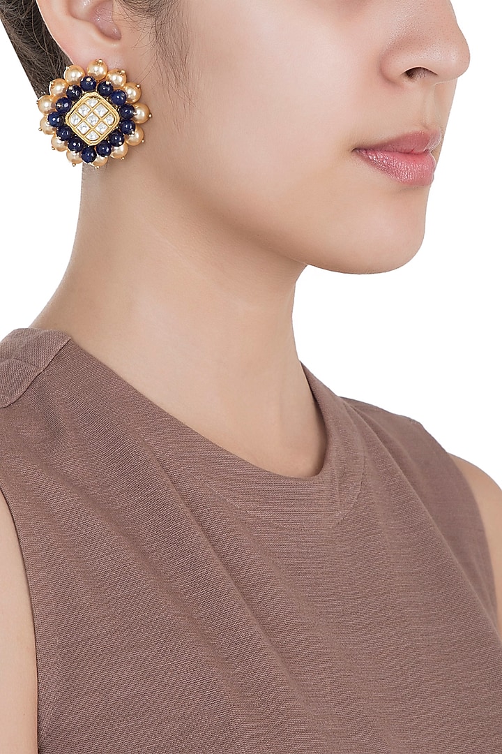 Yellow Rhodium Plated Faux Polki & Sapphire Bead Earrings by Aster at Pernia's Pop Up Shop