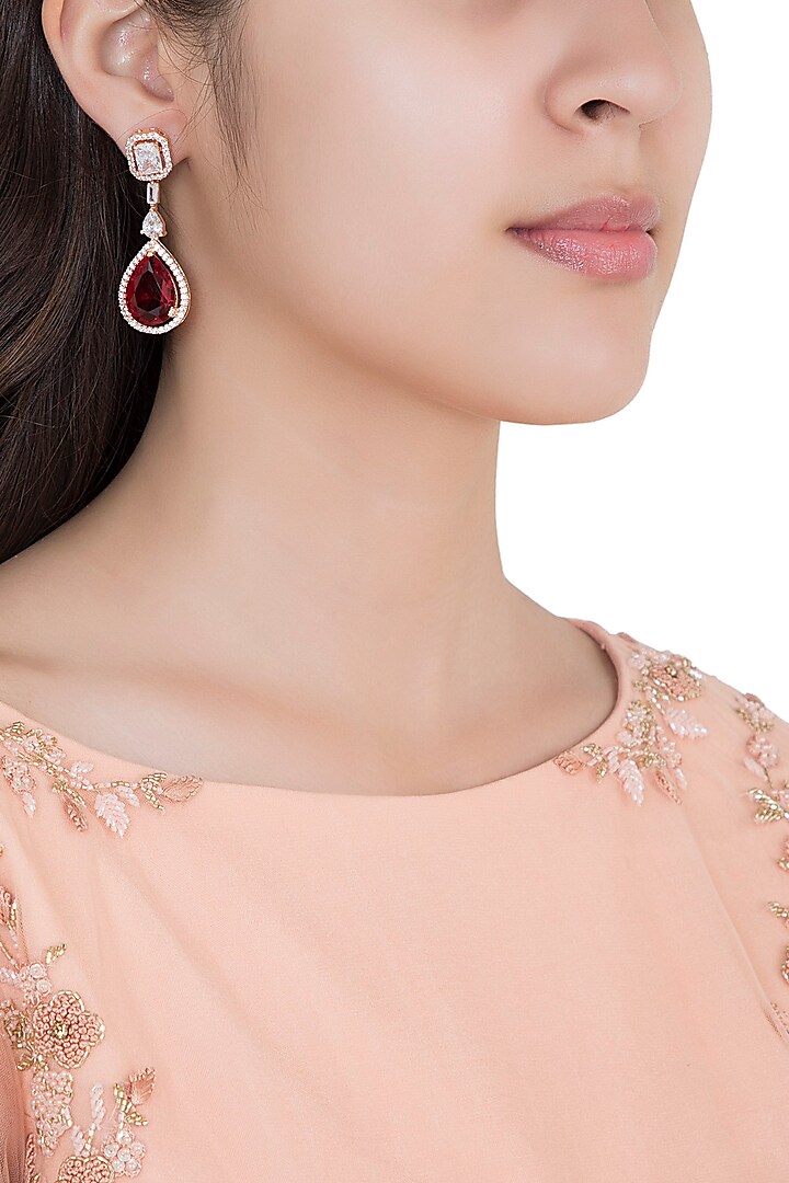 Rose Gold Rhodium Plated Faux Diamond and Ruby Earrings by Aster