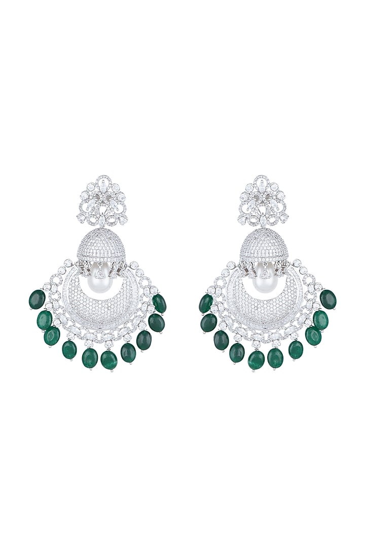 White Rhodium Plated Faux Diamonds Long Earrings by Aster at Pernia's Pop Up Shop
