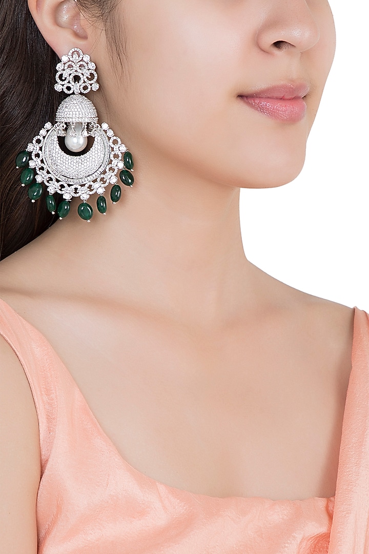 White Rhodium Plated Faux Diamonds Long Earrings by Aster at Pernia's Pop Up Shop