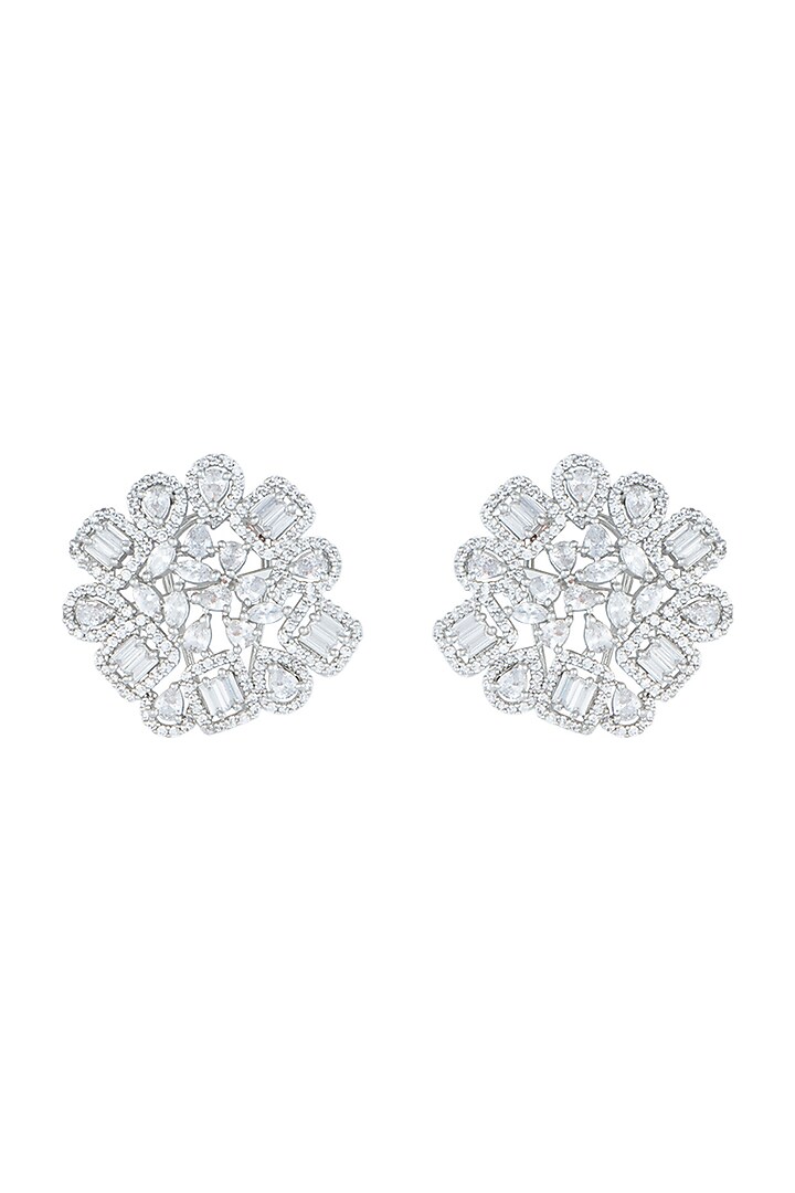 White Rhodium Plated Faux Diamond Stud Earrings by Aster at Pernia's Pop Up Shop