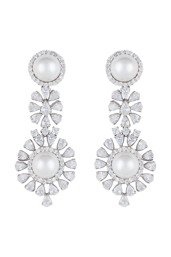 White Rhodium Plated Faux Diamond & Pearl Earrings by Aster at Pernia's Pop Up Shop