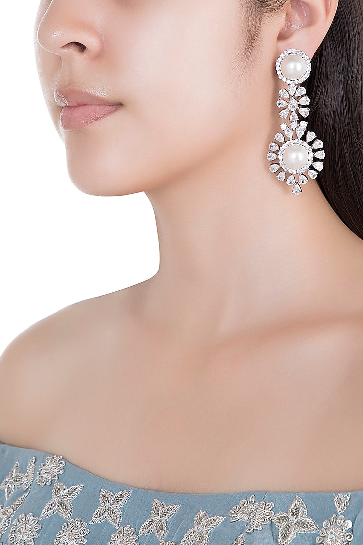 White Rhodium Plated Faux Diamond & Pearl Earrings by Aster
