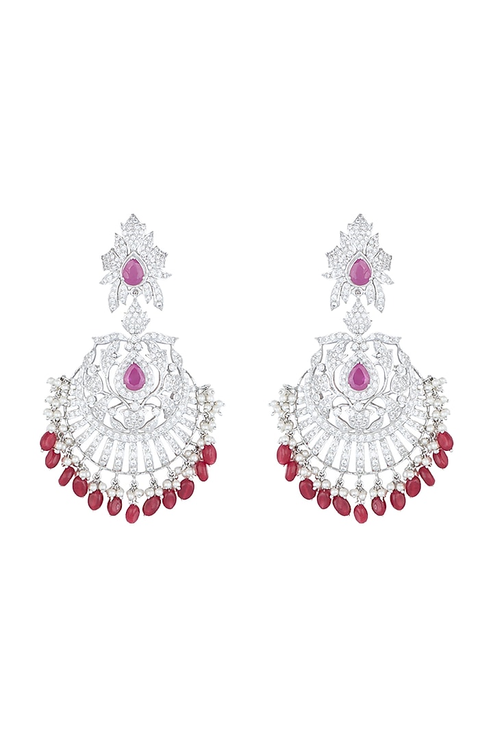 White Rhodium Plated Faux Diamond & Ruby Traditional Earrings by Aster at Pernia's Pop Up Shop