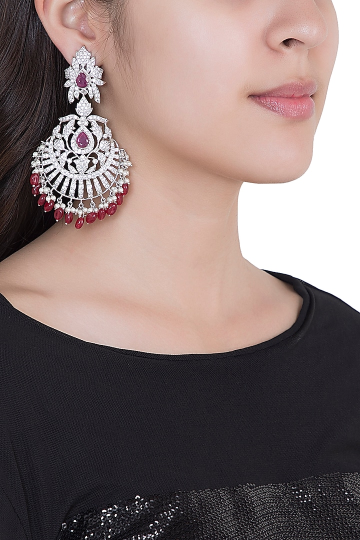 White Rhodium Plated Faux Diamond & Ruby Traditional Earrings by Aster