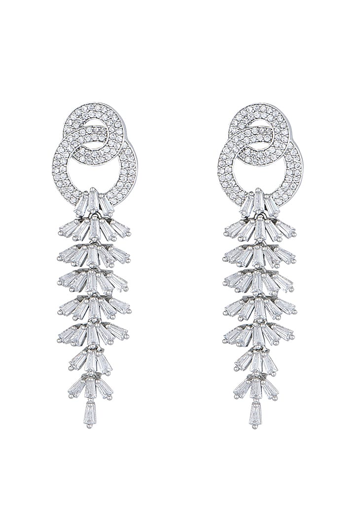 White Rhodium Plated Baguette Earrings by Aster at Pernia's Pop Up Shop