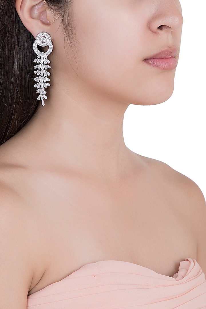 White Rhodium Plated Baguette Earrings by Aster