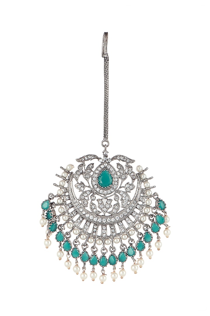 Silver Plated Faux Diamond & Green Pearl Maang Tikka by Aster at Pernia's Pop Up Shop