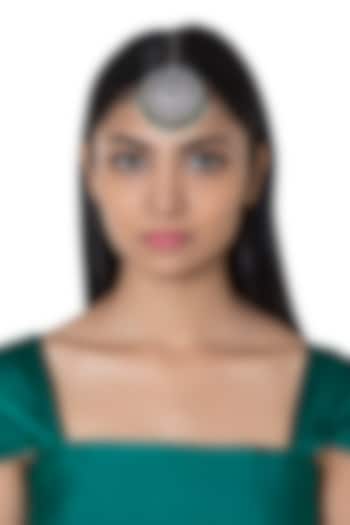 Silver Plated Faux Diamond & Green Pearl Maang Tikka by Aster at Pernia's Pop Up Shop