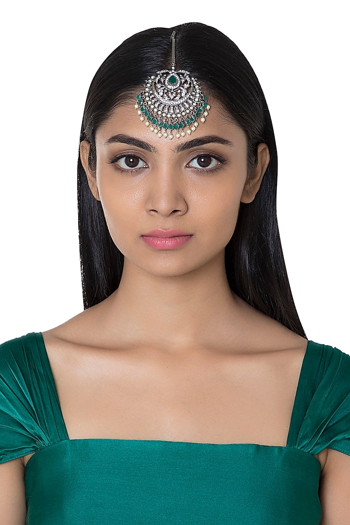 Silver Plated Faux Diamond & Green Pearl Maang Tikka by Aster