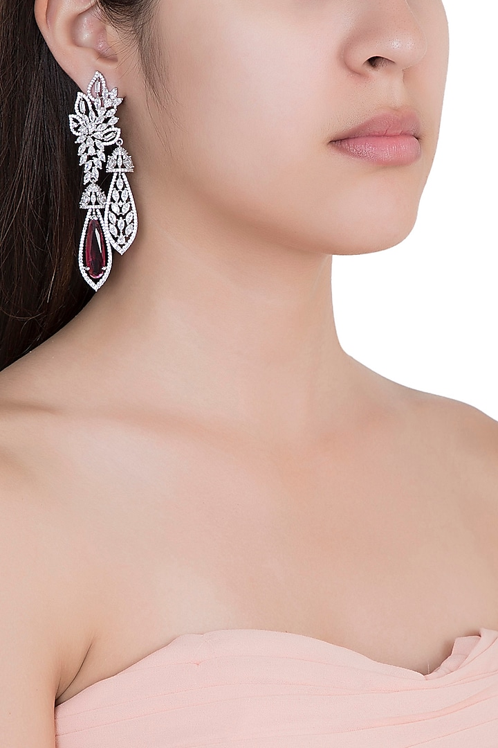 Silver Plated Faux Diamond & Ruby Earrings by Aster