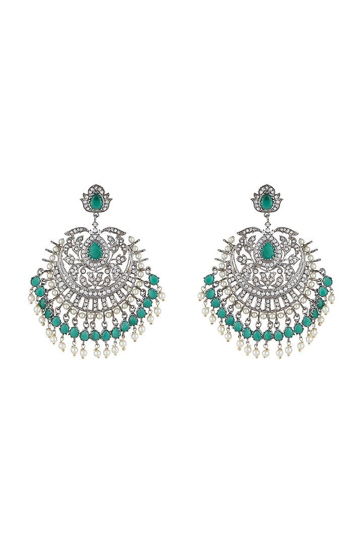 Silver Plated Faux Diamond & Green Pearls Dangler Earrings by Aster at Pernia's Pop Up Shop