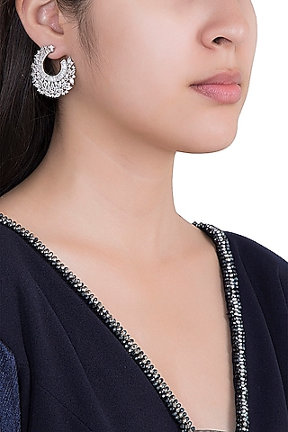 Silver Plated Faux Diamonds Hoop Earrings by Aster