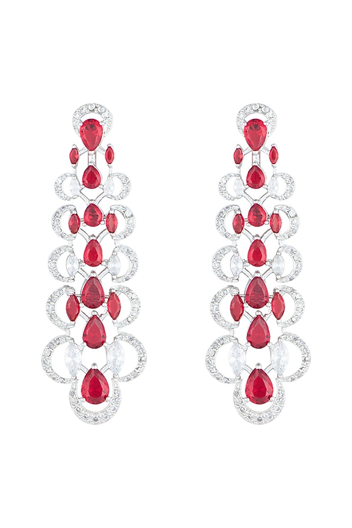 White Rhodium Plated Faux Ruby & Diamond Earrings by Aster at Pernia's Pop Up Shop
