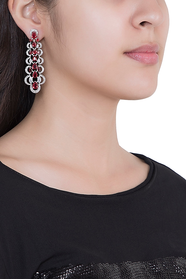 White Rhodium Plated Faux Ruby & Diamond Earrings by Aster