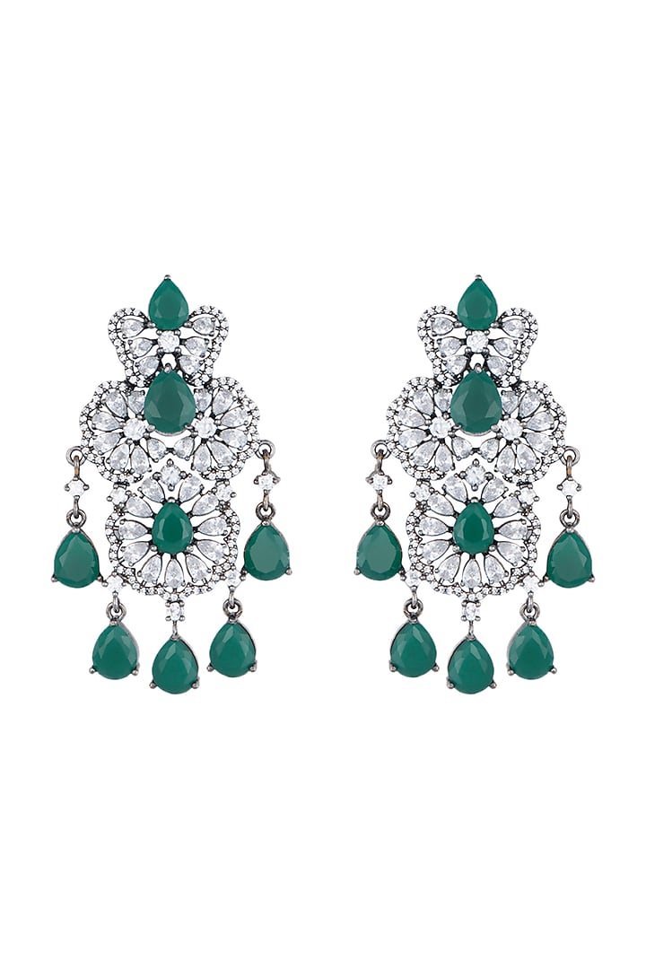 Black Rhodium Plated Faux Emerald & Diamond Dangler Earrings by Aster at Pernia's Pop Up Shop