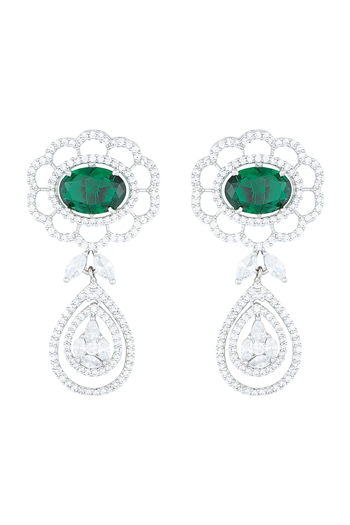 White Rhodium Plated Faux Emerald & Diamond Earrings by Aster at Pernia's Pop Up Shop