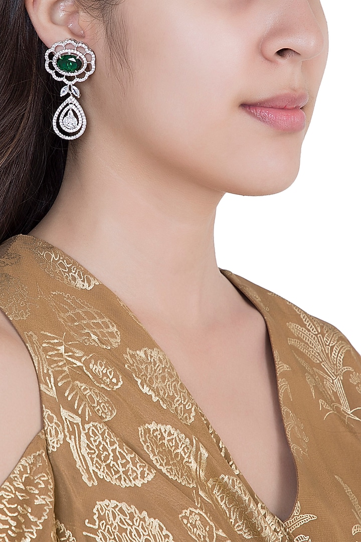 White Rhodium Plated Faux Emerald & Diamond Earrings by Aster at Pernia's Pop Up Shop
