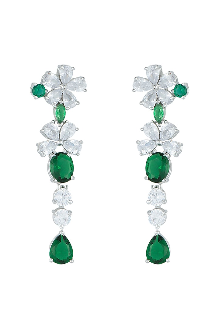 White Rhodium Plated Faux Diamond & Emerald Long Earrings by Aster at Pernia's Pop Up Shop