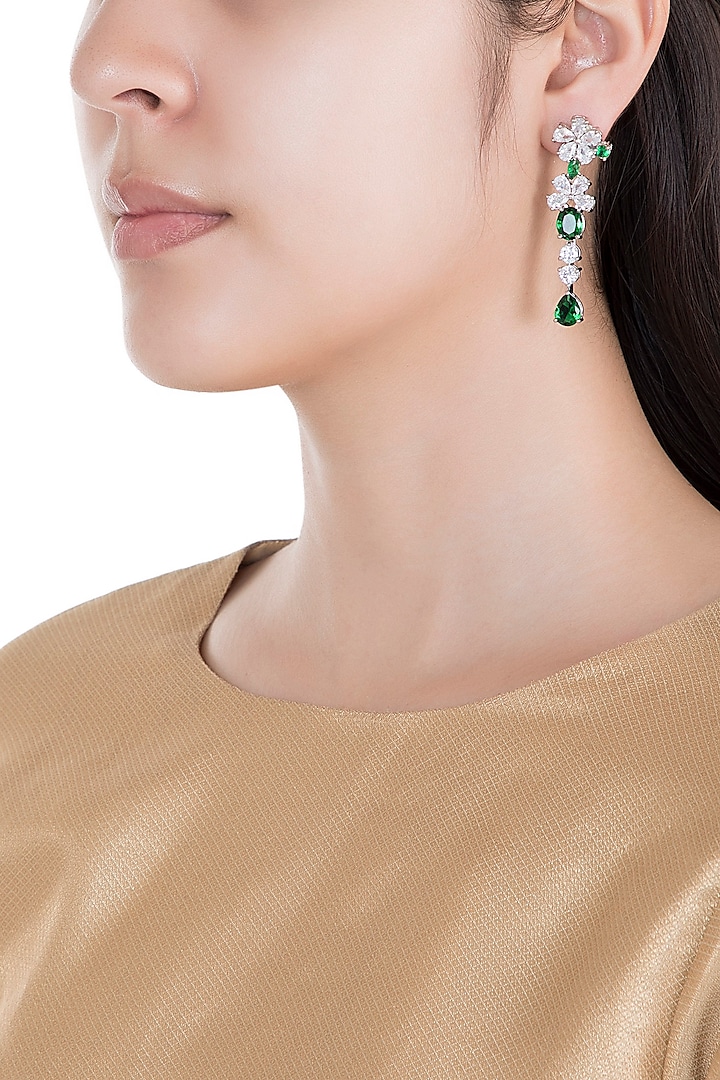 White Rhodium Plated Faux Diamond & Emerald Long Earrings by Aster