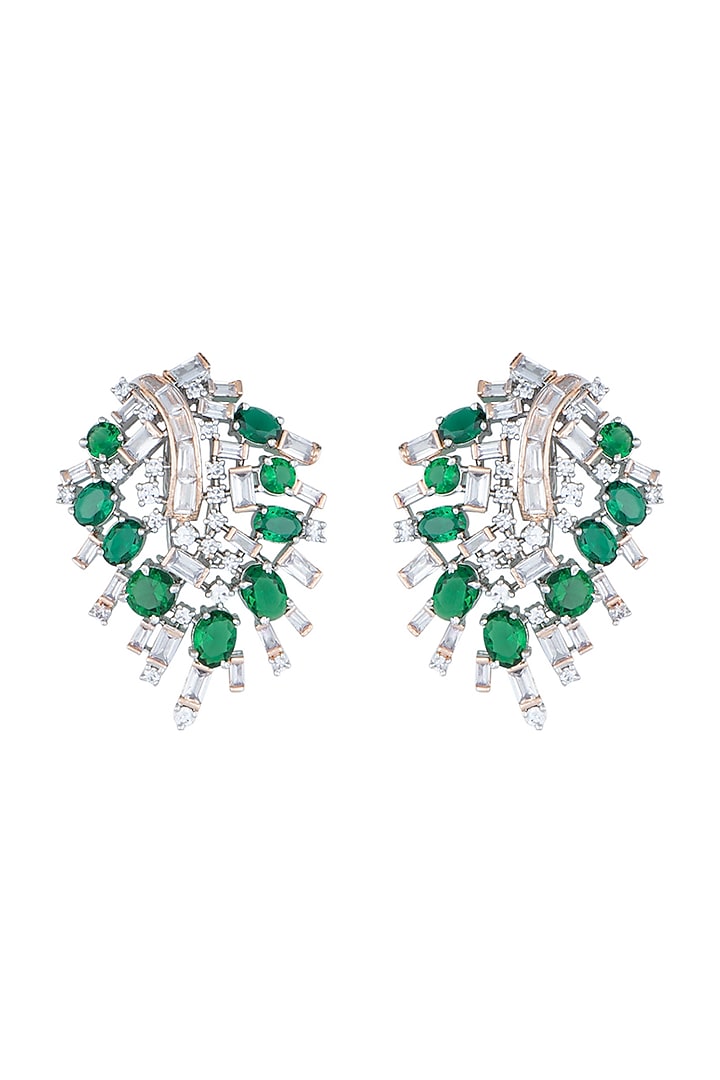 White Rhodium Plated Baguettes, Faux Diamond & Emerald Earrings by Aster at Pernia's Pop Up Shop