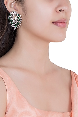 White Rhodium Plated Baguettes, Faux Diamond & Emerald Earrings by Aster