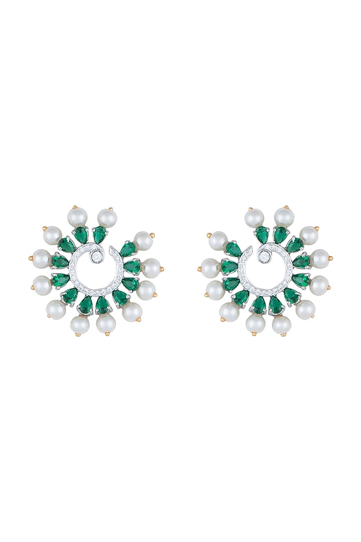 White Rhodium Plated Faux Diamond & Emerald Circular Earrings by Aster at Pernia's Pop Up Shop