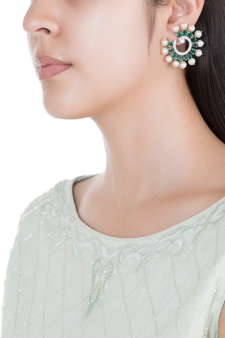 White Rhodium Plated Faux Diamond & Emerald Circular Earrings by Aster at Pernia's Pop Up Shop