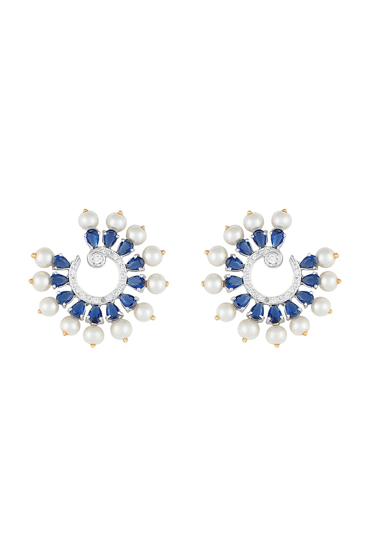 White Rhodium Plated Faux Diamond & Sapphire Circular Earrings by Aster at Pernia's Pop Up Shop